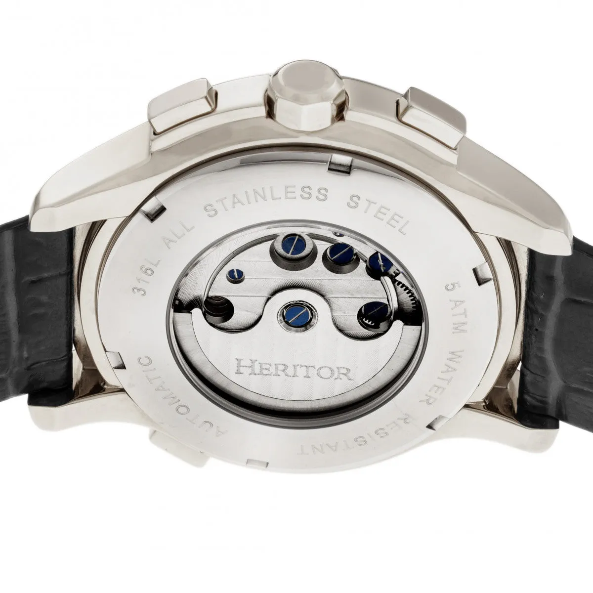 Heritor Automatic Hudson Semi-Skeleton Leather-Band Watch w/Day/Date - Black/Silver