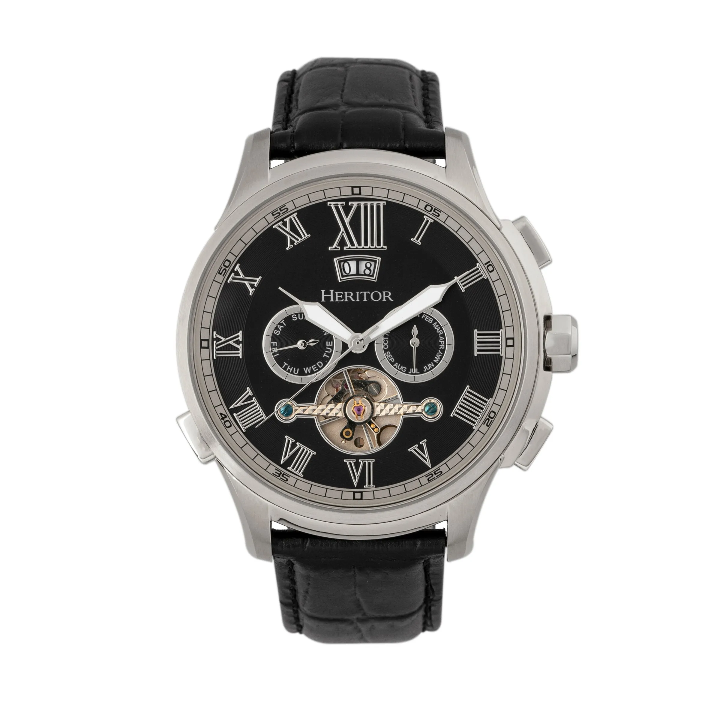 Heritor Automatic Hudson Semi-Skeleton Leather-Band Watch w/Day/Date - Black/Silver