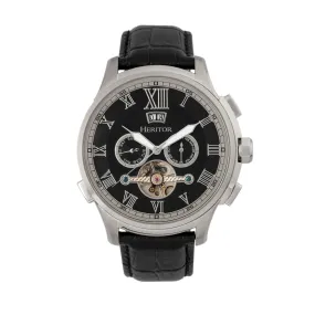 Heritor Automatic Hudson Semi-Skeleton Leather-Band Watch w/Day/Date - Black/Silver