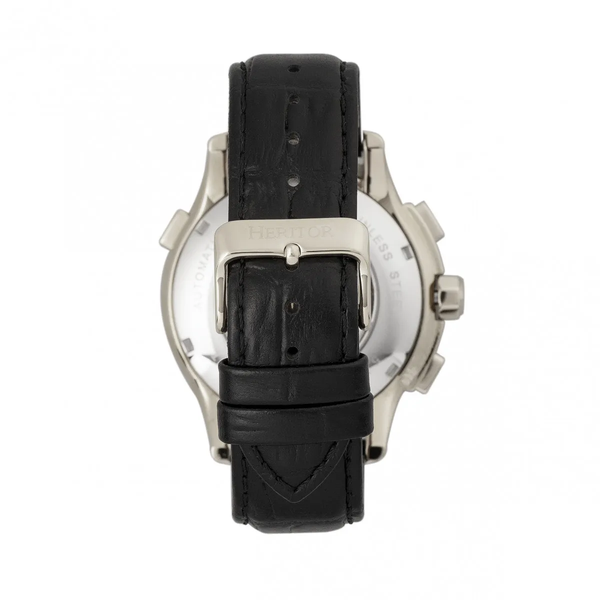 Heritor Automatic Hudson Semi-Skeleton Leather-Band Watch w/Day/Date - Black/Silver
