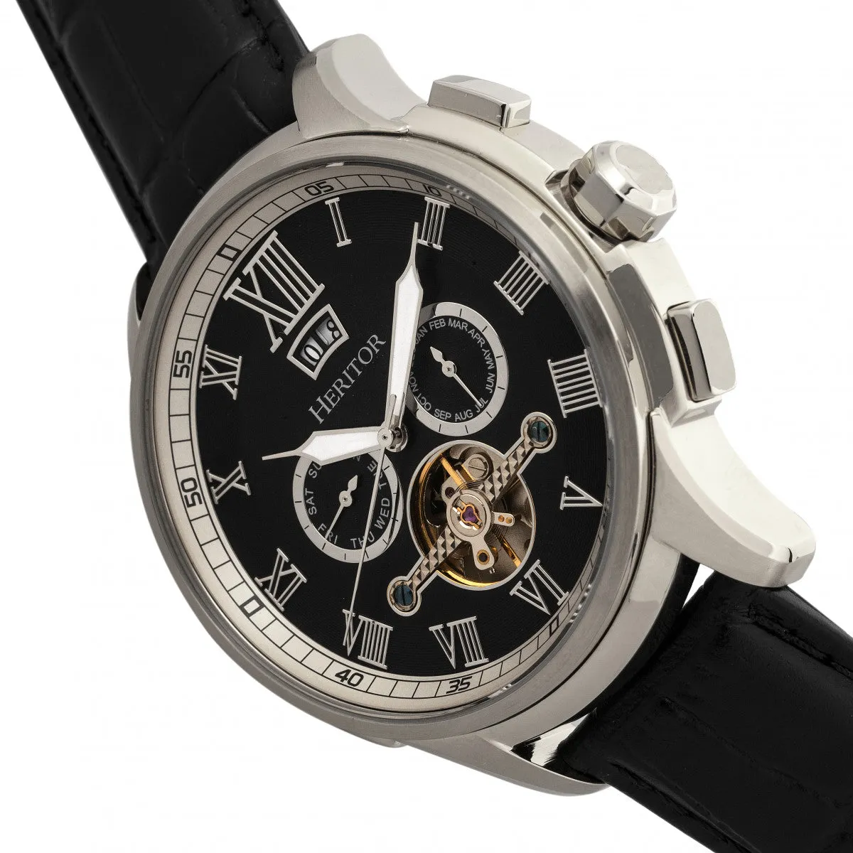 Heritor Automatic Hudson Semi-Skeleton Leather-Band Watch w/Day/Date - Black/Silver