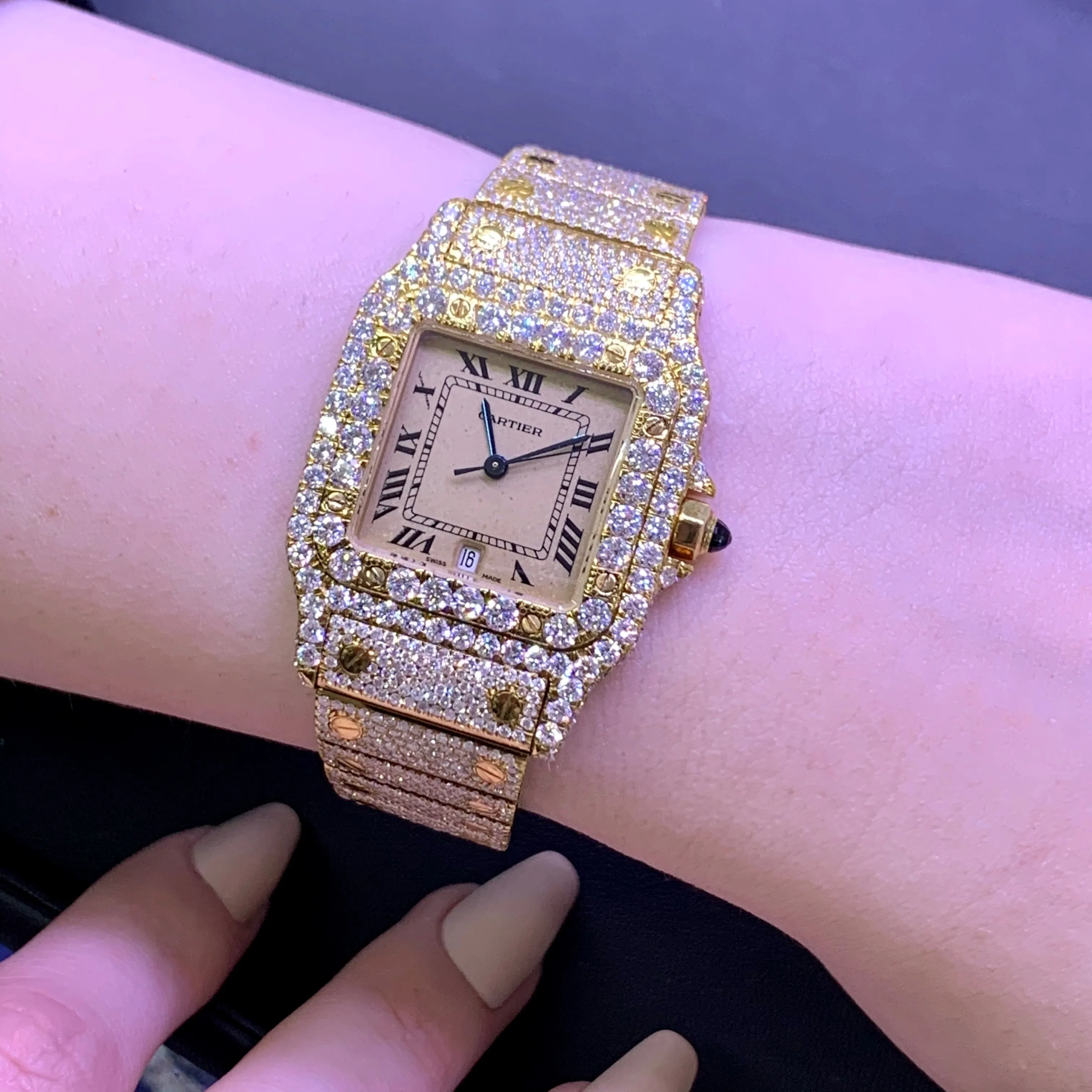 Iced Out Ladies' 18k Gold Cartier Diamond Watch (29 mm)