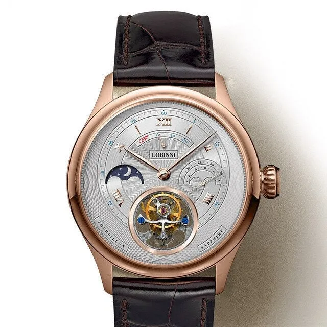 LOBINNI Men Tourbillon Watch Men Moonphase Watch Luxury Automatic Mechanical Wristwatch Sapphire Power Reserve Skeleton Dial