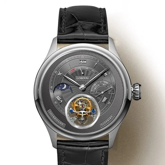 LOBINNI Men Tourbillon Watch Men Moonphase Watch Luxury Automatic Mechanical Wristwatch Sapphire Power Reserve Skeleton Dial