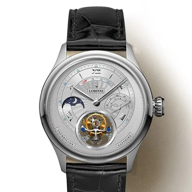 LOBINNI Men Tourbillon Watch Men Moonphase Watch Luxury Automatic Mechanical Wristwatch Sapphire Power Reserve Skeleton Dial