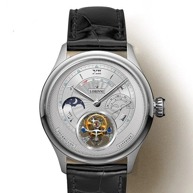 LOBINNI Men Tourbillon Watch Men Moonphase Watch Luxury Automatic Mechanical Wristwatch Sapphire Power Reserve Skeleton Dial