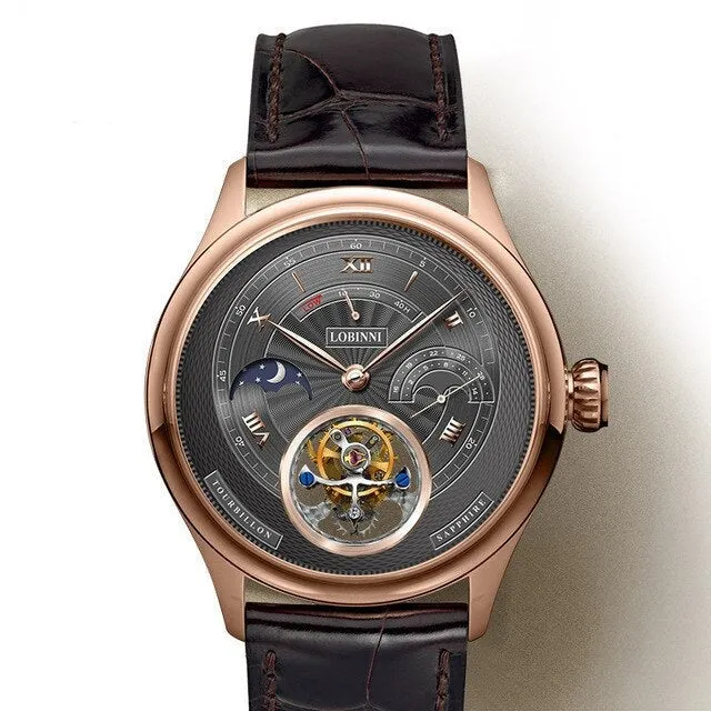 LOBINNI Men Tourbillon Watch Men Moonphase Watch Luxury Automatic Mechanical Wristwatch Sapphire Power Reserve Skeleton Dial