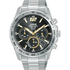 lorus solar chronograph gents stainless steel black dial bracelet watch
