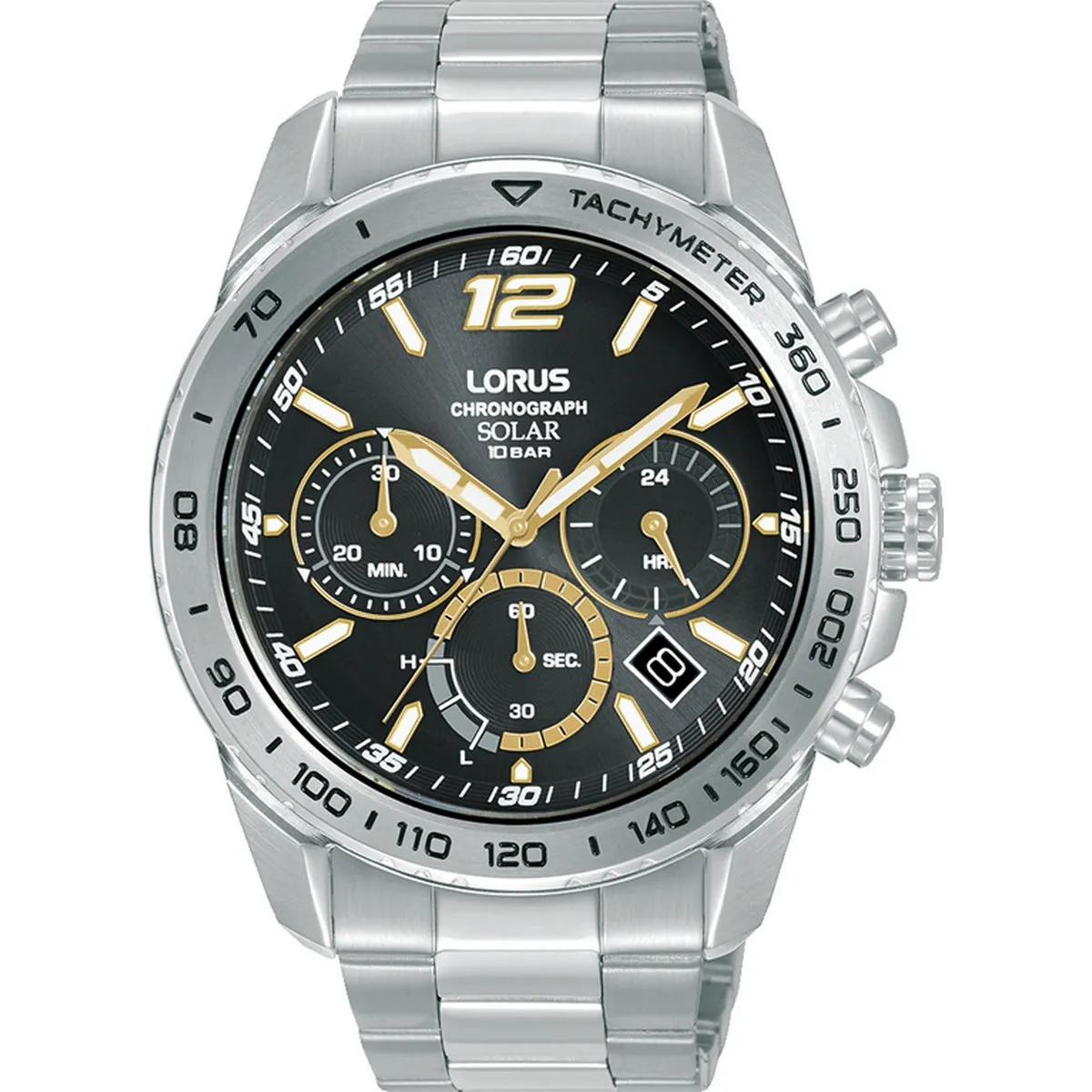 lorus solar chronograph gents stainless steel black dial bracelet watch