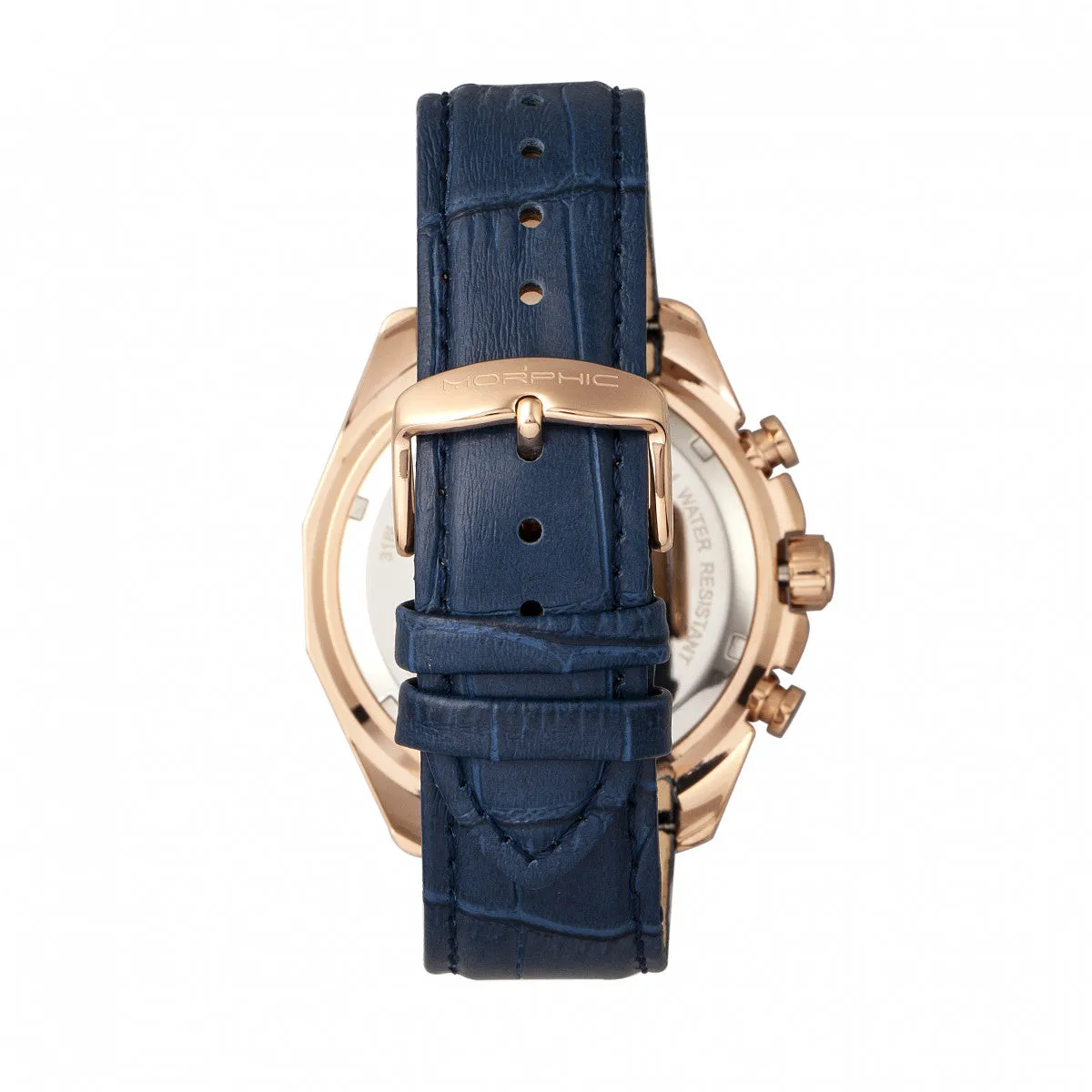 Morphic M66 Series Skeleton Dial Leather-Band Watch w/ Day/Date - Rose Gold/Blue