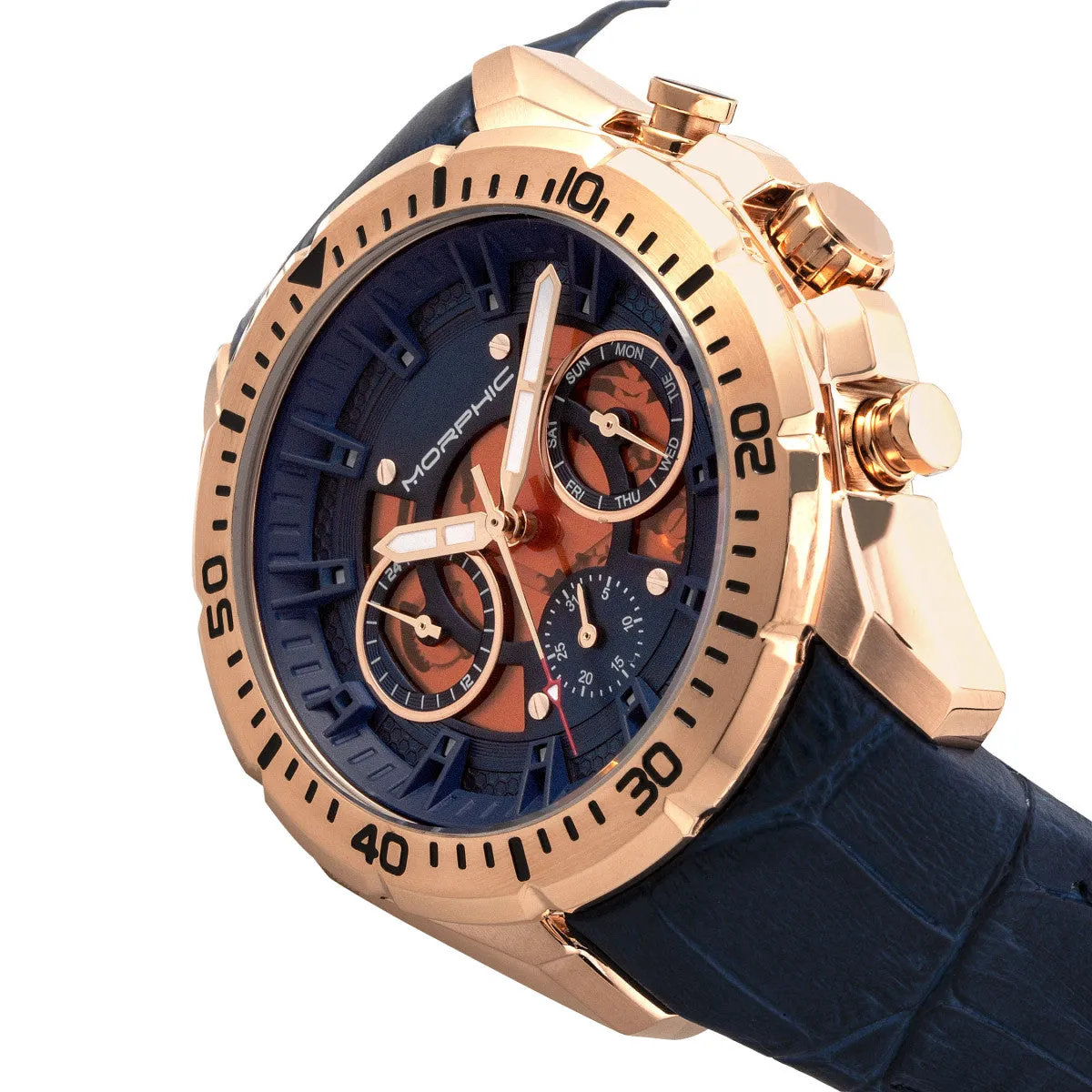 Morphic M66 Series Skeleton Dial Leather-Band Watch w/ Day/Date - Rose Gold/Blue
