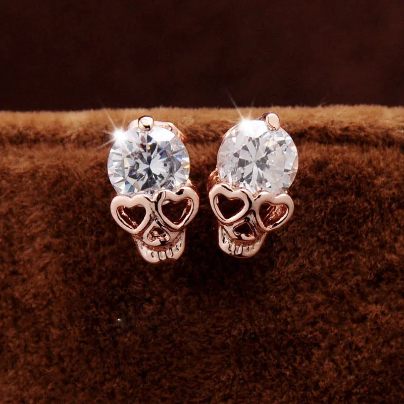 New Fashion Vintage Stud Earrings CZ Crystal  Gold Color Skull Stud Earrings Free Shipping