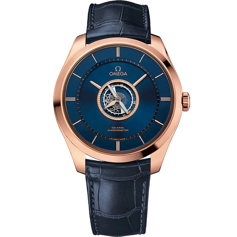 Omega De Ville Tourbillon 44 mm, Sedna™ gold on leather strap