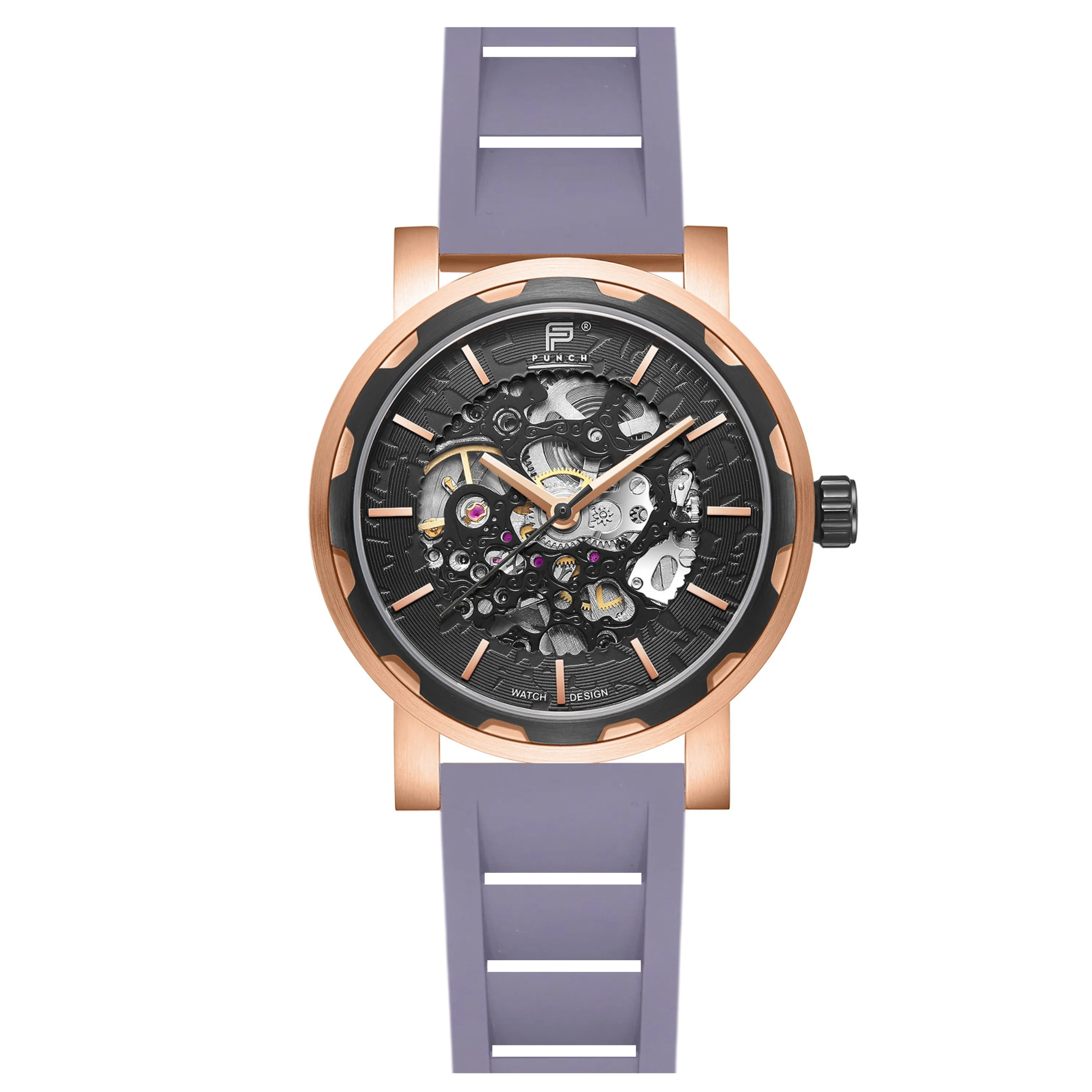 PUNCH Mens Watch, Rose Gold & Black Skeleton Automatic Watch - Grey Rubber Strap