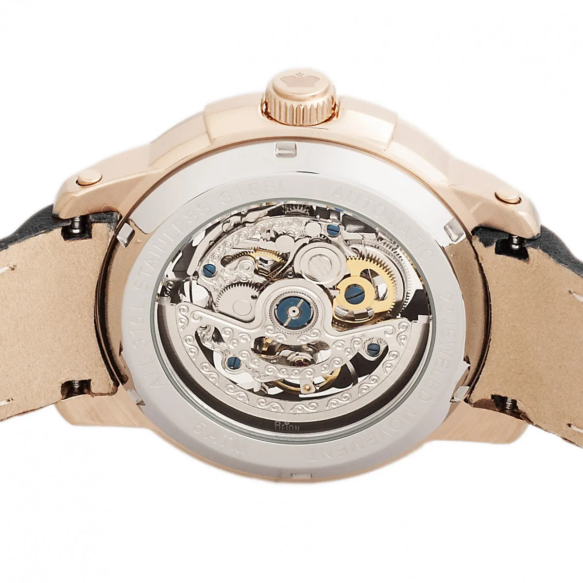 Reign Matheson Automatic Skeleton Dial Leather-Band Watch - Black/Rose Gold