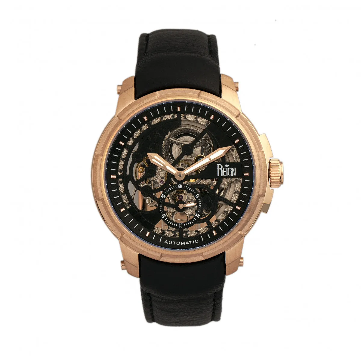 Reign Matheson Automatic Skeleton Dial Leather-Band Watch - Black/Rose Gold