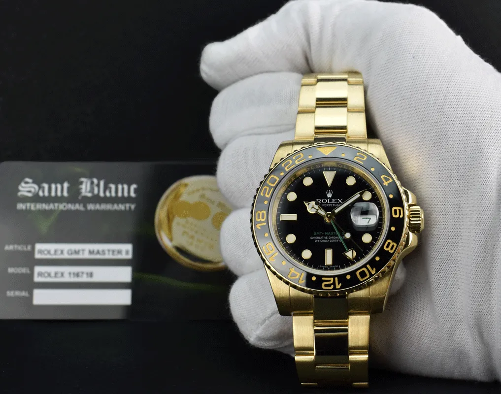 ROLEX 18kt Yellow Gold GMT Master II Black Dial Model 116718