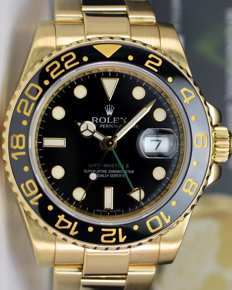 ROLEX 18kt Yellow Gold GMT Master II Black Dial Model 116718