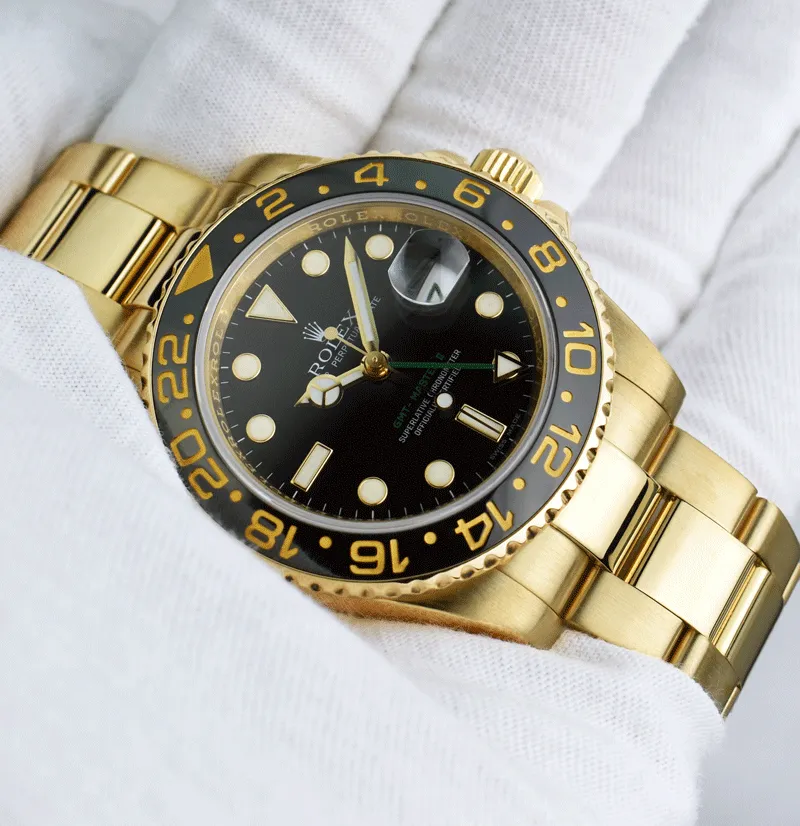 ROLEX 18kt Yellow Gold GMT Master II Black Dial Model 116718