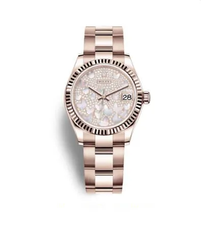 Rolex Datejust 31 Mother of Pearl Butterfly Diamond Pave Dial Ladies 18kt Everose Gold Oyster Watch 278275PAVEO
