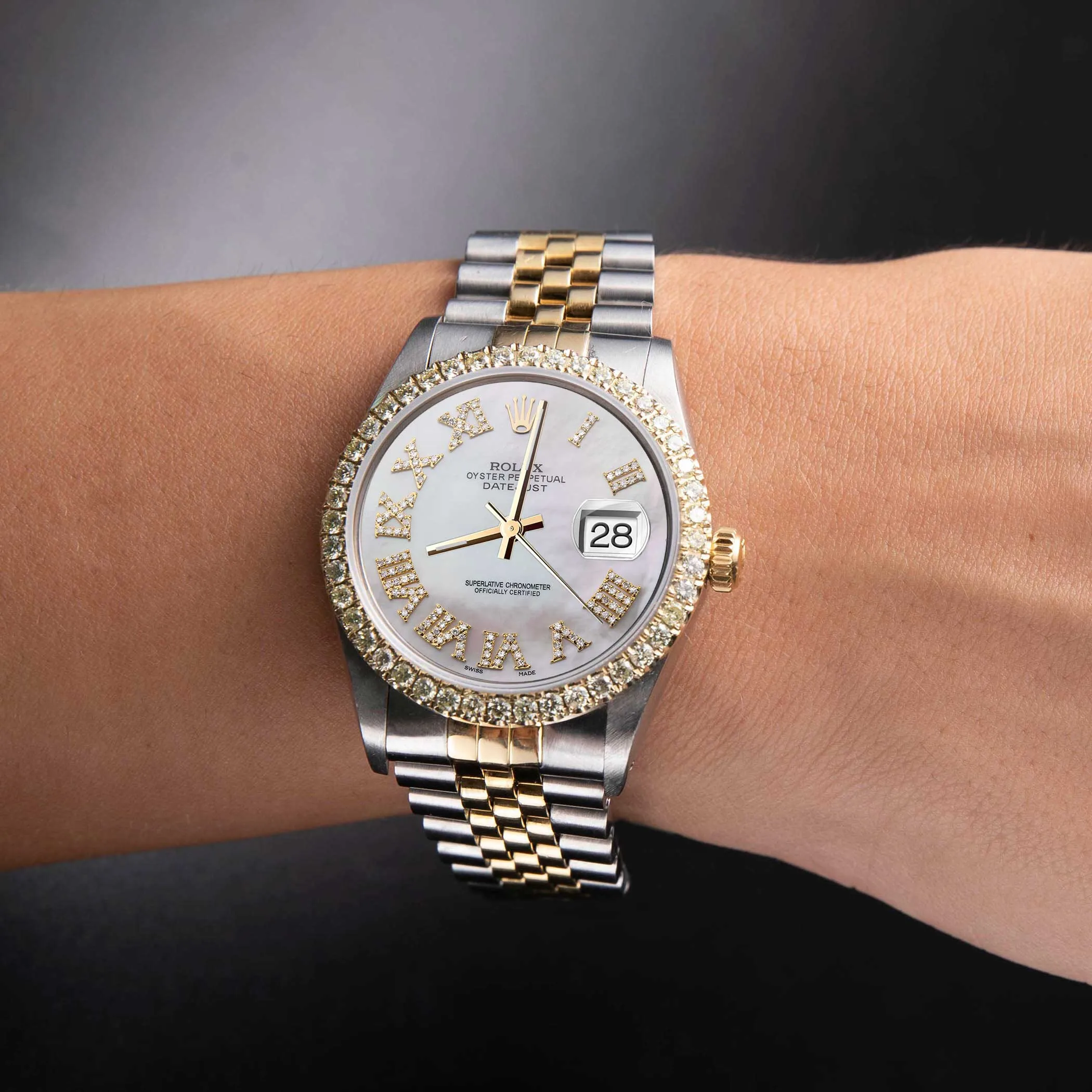 Rolex Datejust Diamond Bezel Watch 36mm Mother of Pearl Roman Dial | 2.15ct