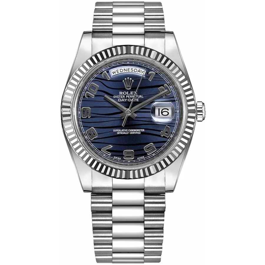 Rolex Day-Date II Blue Wave Dial 18K White Gold President Automatic Men's Watch 218239BLWAP