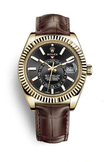 Rolex Sky-Dweller Black Dial Automatic 18kt Yellow Gold Men's Leather Watch 326138BKSL