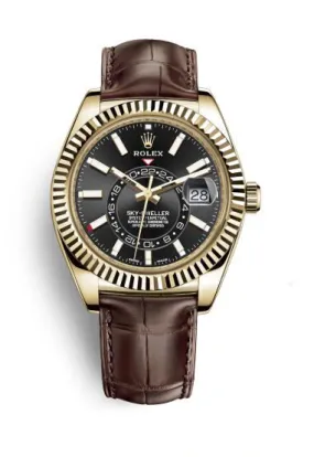 Rolex Sky-Dweller Black Dial Automatic 18kt Yellow Gold Men's Leather Watch 326138BKSL