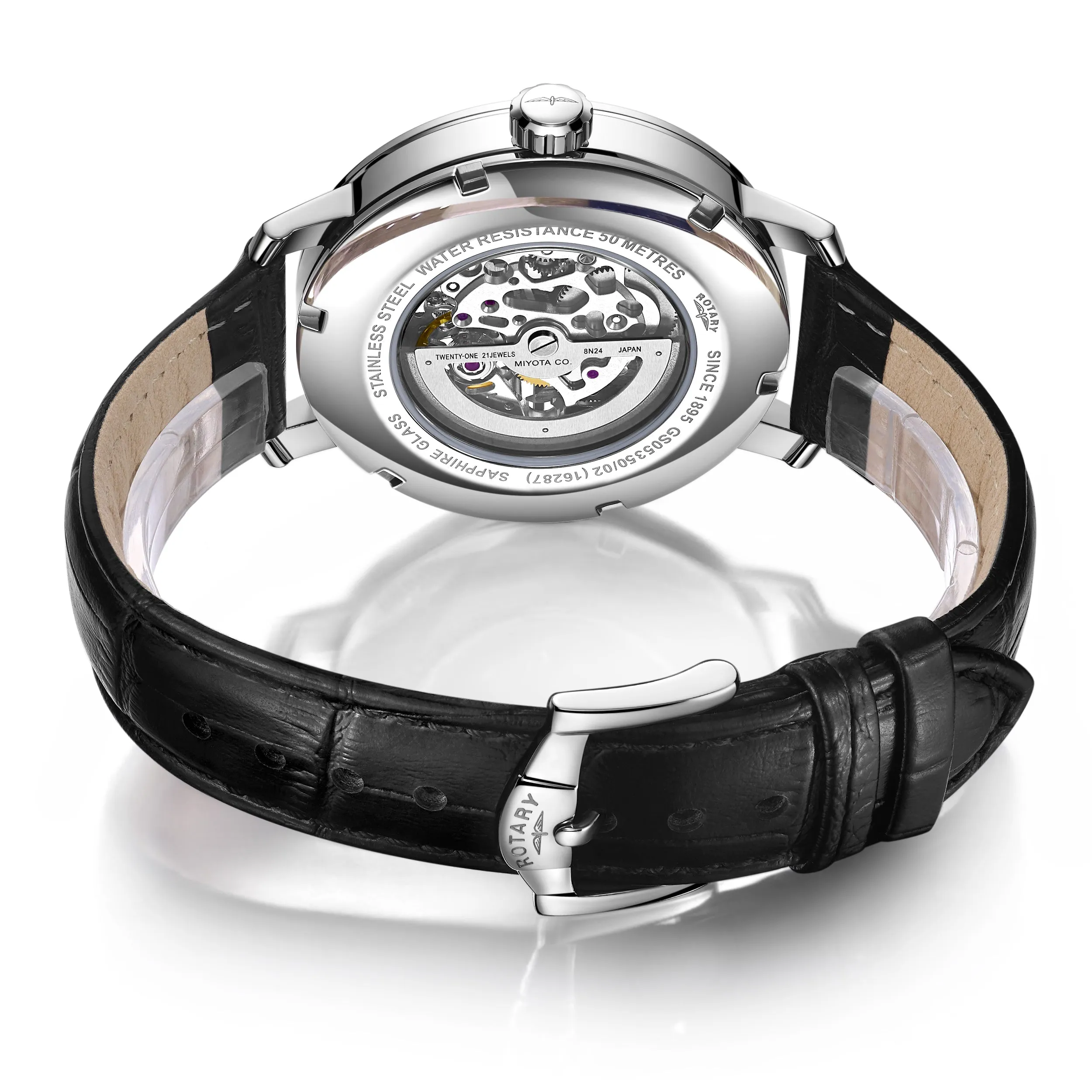 Rotary 42mm Black Greenwich Skeleton Automatic Watch with a Black Leather Strap