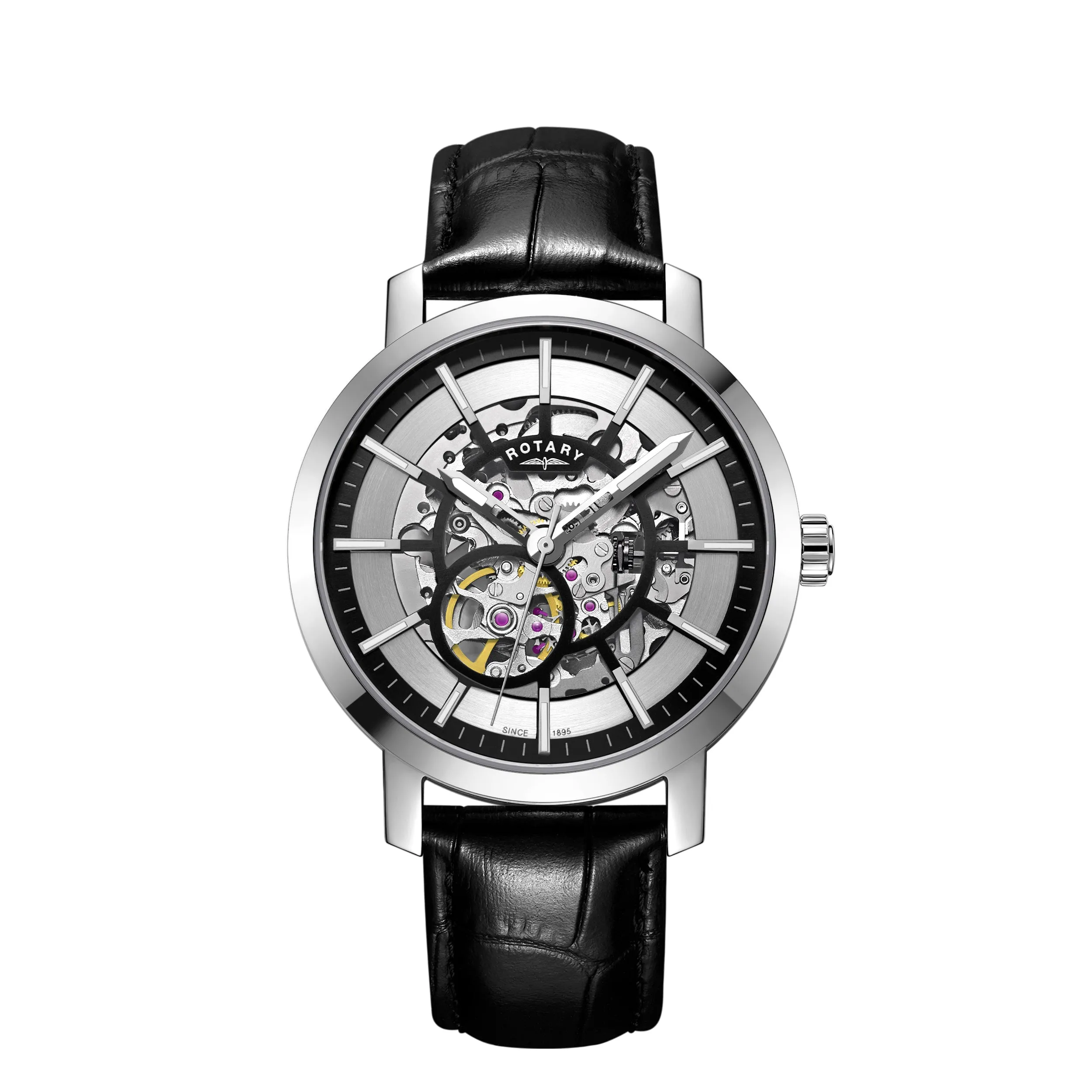 Rotary 42mm Black Greenwich Skeleton Automatic Watch with a Black Leather Strap