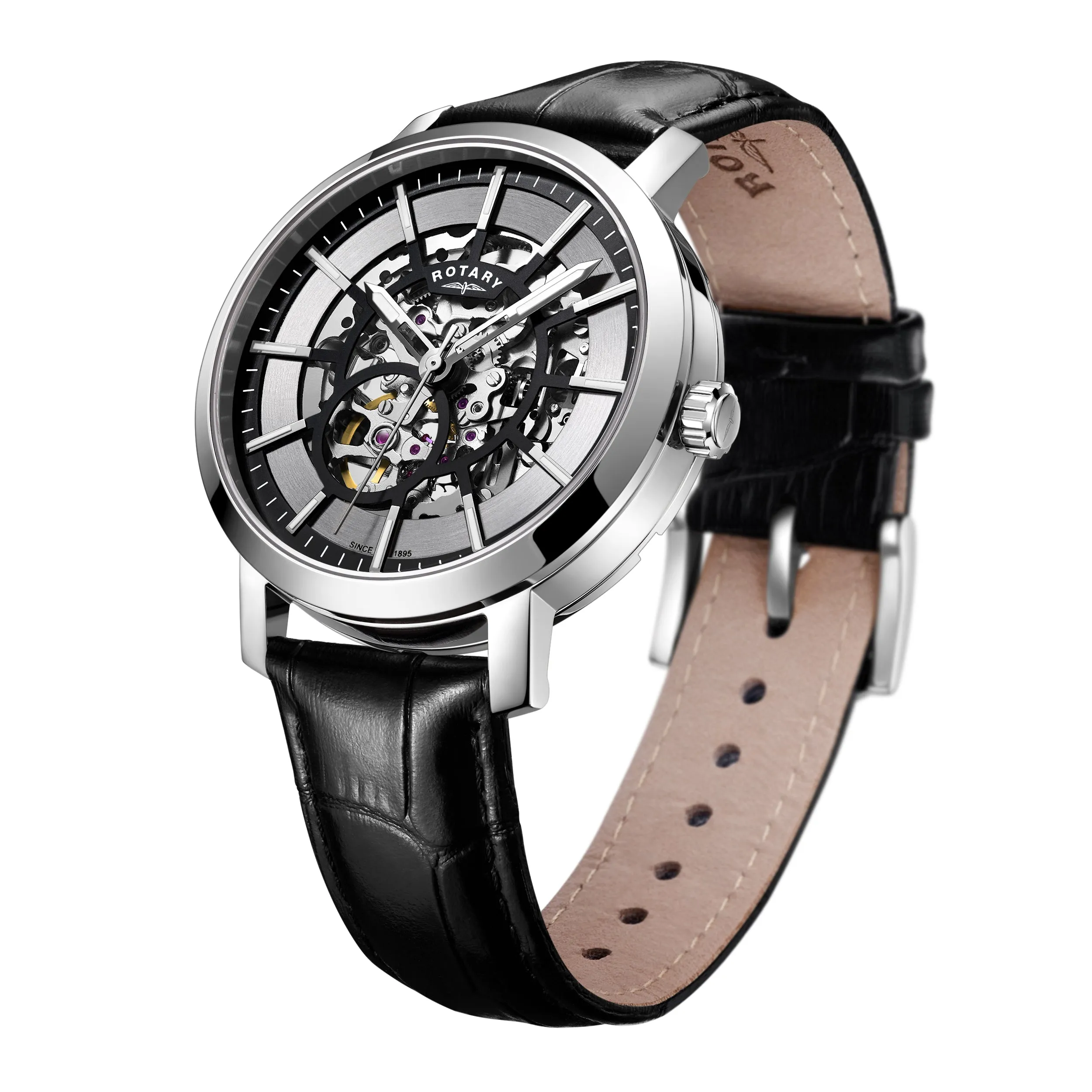 Rotary 42mm Black Greenwich Skeleton Automatic Watch with a Black Leather Strap
