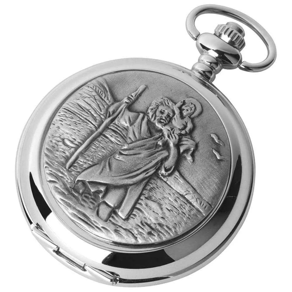 Woodford St Christopher Chrome Plated Double Full Hunter Skeleton Pocket Watch - Silver